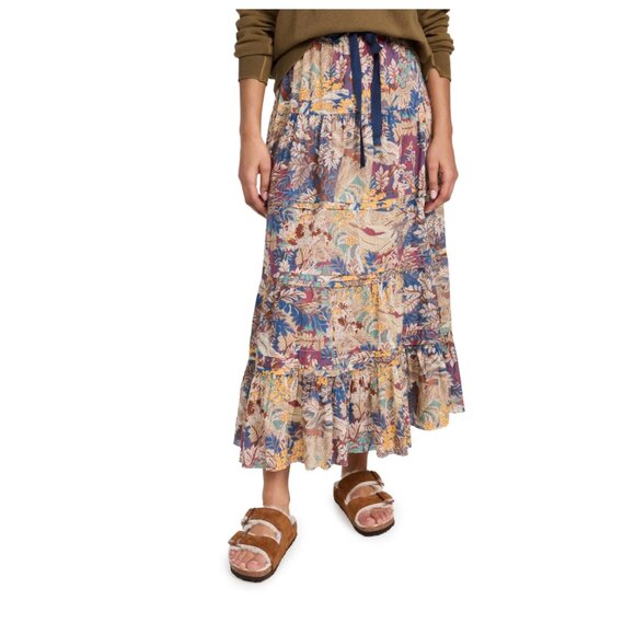 The Great Pastoral Tiered Maxi Skirt Womens 2 Small Blue Yellow Canopy Leaf - Picture 2 of 14